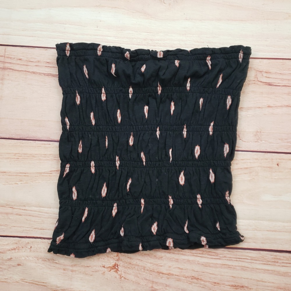 Anthropologie Tube‎ Top Womens XS Black Smocked Ikat Print Strapless Cotton